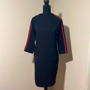 Super chic and cute midi black dress with red stripe design